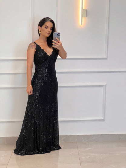 Vestido Longo Paetê Alça em Renda - Preto 5005