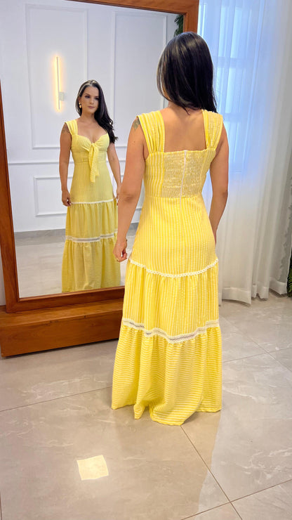 Vestido Longo Amarração Busto Nio- Listras Amarelo 4999