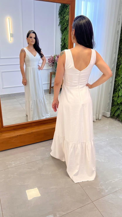 Vestido Longo Alça Larga Babado HI - Branco/ Off 4997