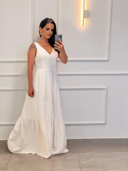 Vestido Longo Alça Larga Babado HI - Branco/ Off 4997