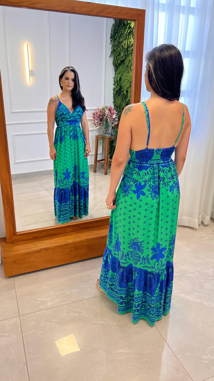 Vestido longo Azul e Verde - Estampado 4988