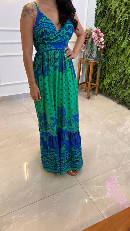 Vestido longo Azul e Verde - Estampado 4988