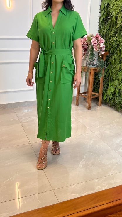 Vestido Midi Utilitário Bolso - Verde 5008