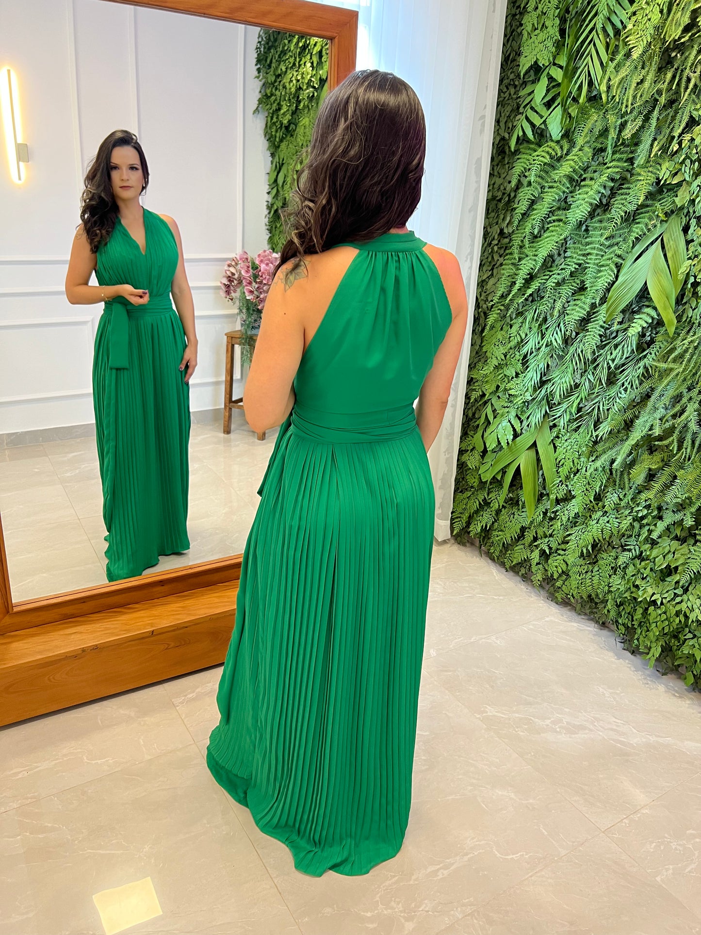 One Size Sleeveless Pleated Long Dress - Green