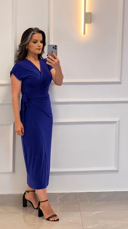 Short Sleeve Jersey Midi Envelope Dress - Blue