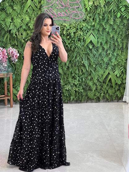 Vestido Longo Crepe Estrelas - Preto 4108