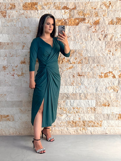 Vestido Midi Jersey Manga Torção Cintura - Verde 5046