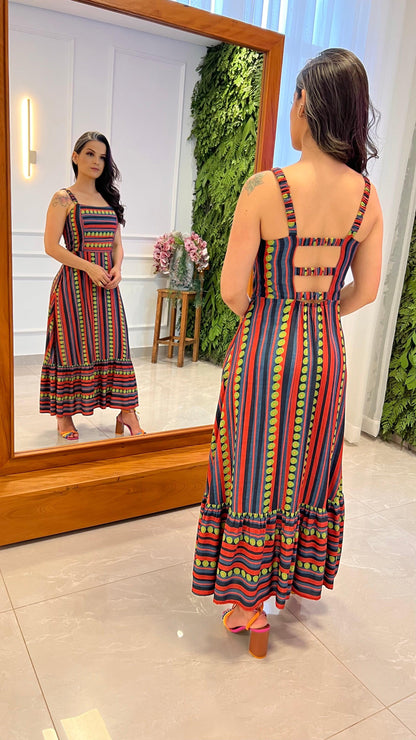 Vestido Midi Alça Elástico Bolinhas- Estampado 4788