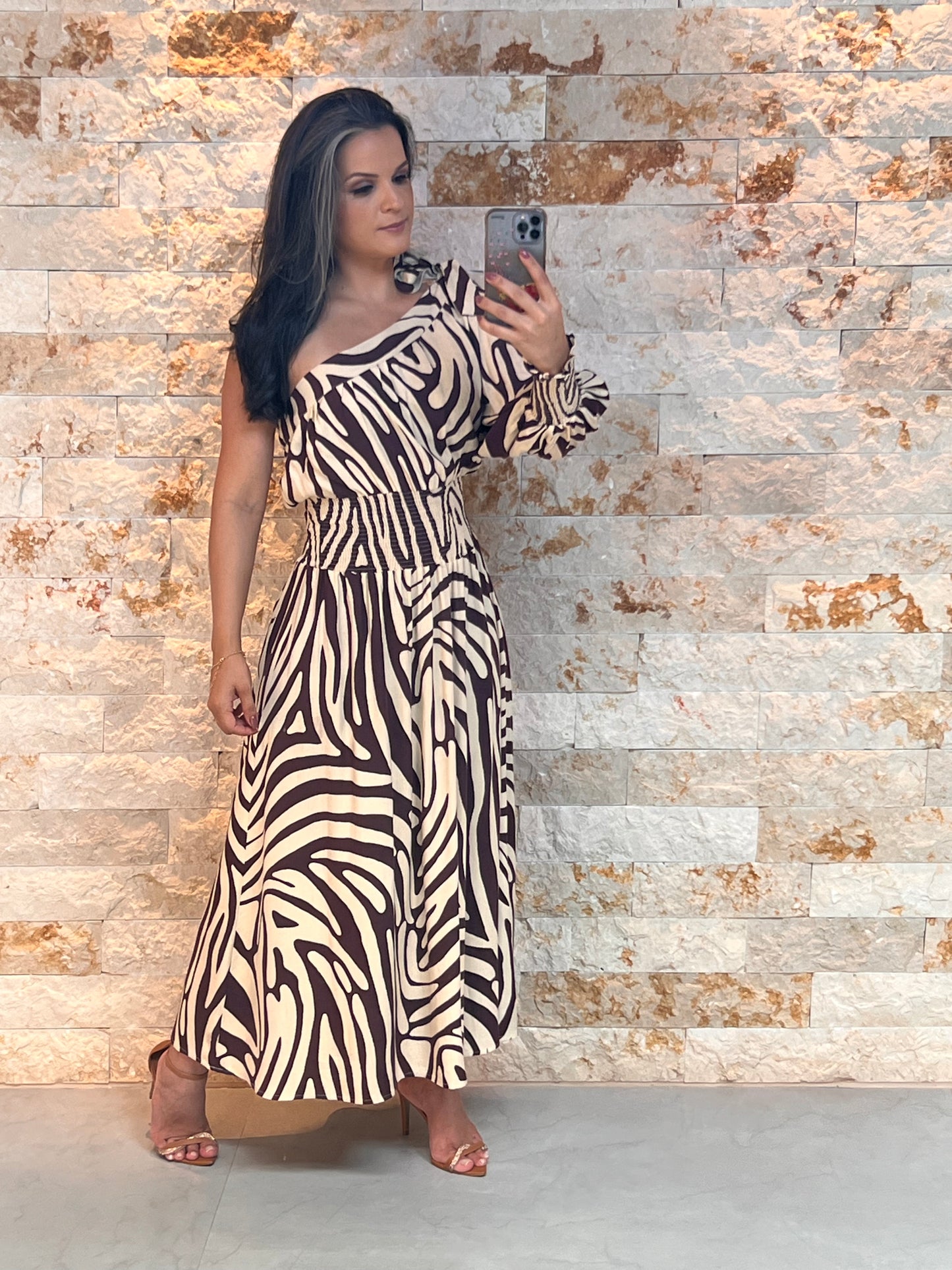 Vestido Midi Um ombro Só - Estampado 5099