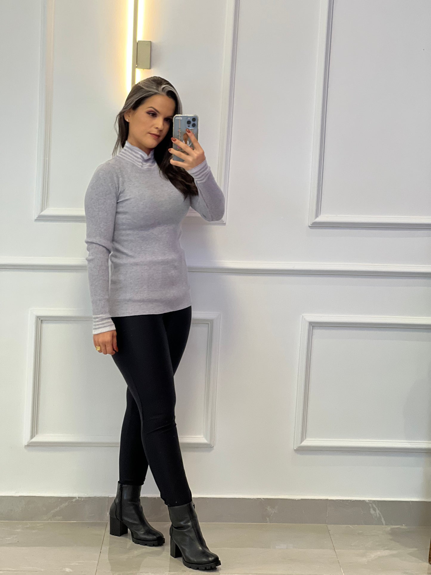 Ribbed Blouse Turtleneck Stripes Tricot - Gray