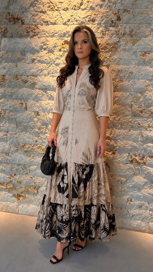 Vestido Longo Botões Palmeira- Estampado 6334