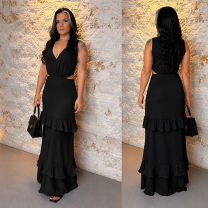 Vestido Longo Alça Babado VIDI- Preto 5791
