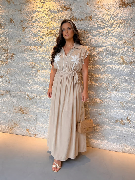 Vestido Longo Manga Babado Coqueiro EAG- Nude 5910