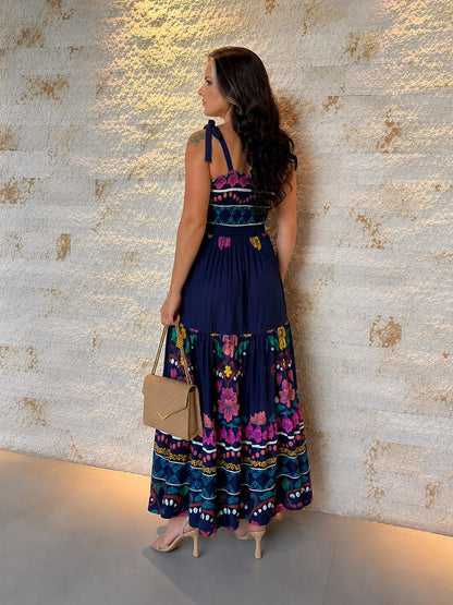 Vestido Midi Lastex Amarração Ombro PIS- Estampado 6001