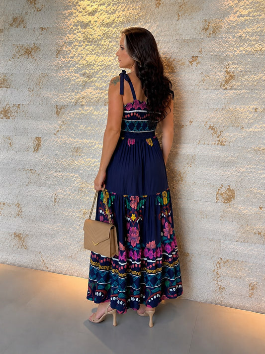 Vestido Midi Lastex Amarração Ombro PIS- Estampado 6001