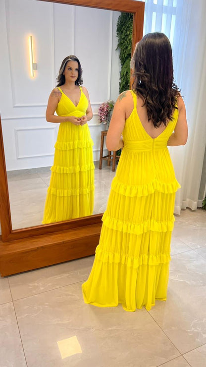 Vestido Longo Alça Fina Babado Tule - Amarelo 4880