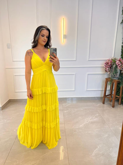 Vestido Longo Alça Fina Babado Tule - Amarelo 4880