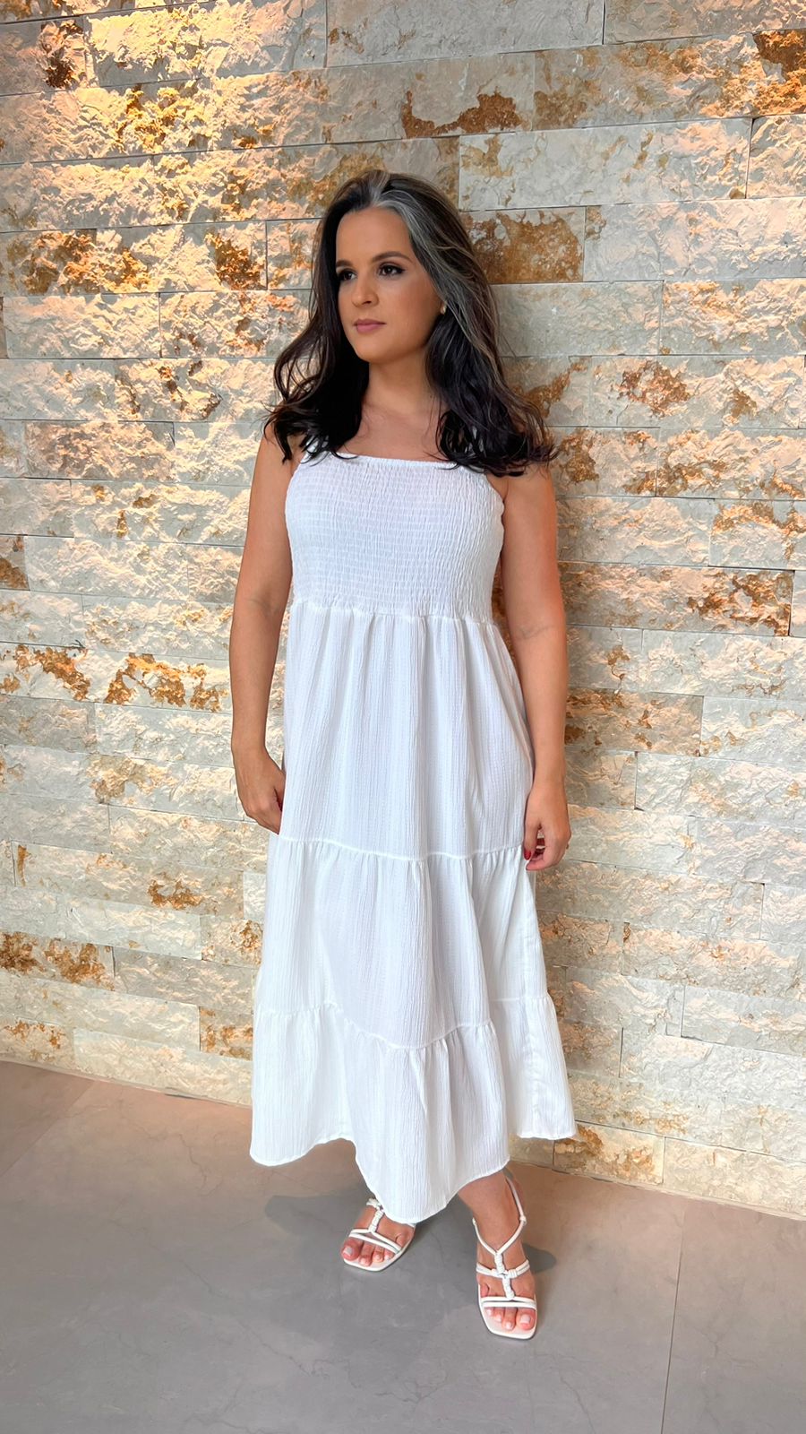 Vestido Midi Lastex Babado -  Branco/ Off White 5306