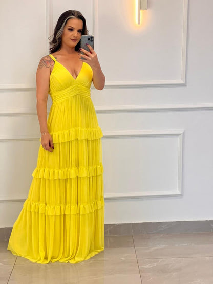 Vestido Longo Alça Fina Babado Tule - Amarelo 4880