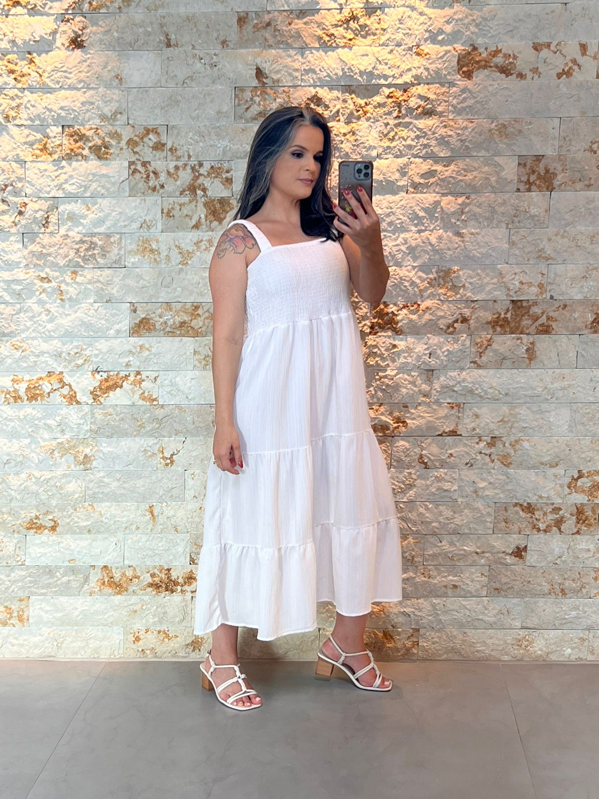 Vestido Midi Lastex Babado -  Branco/ Off White 5306