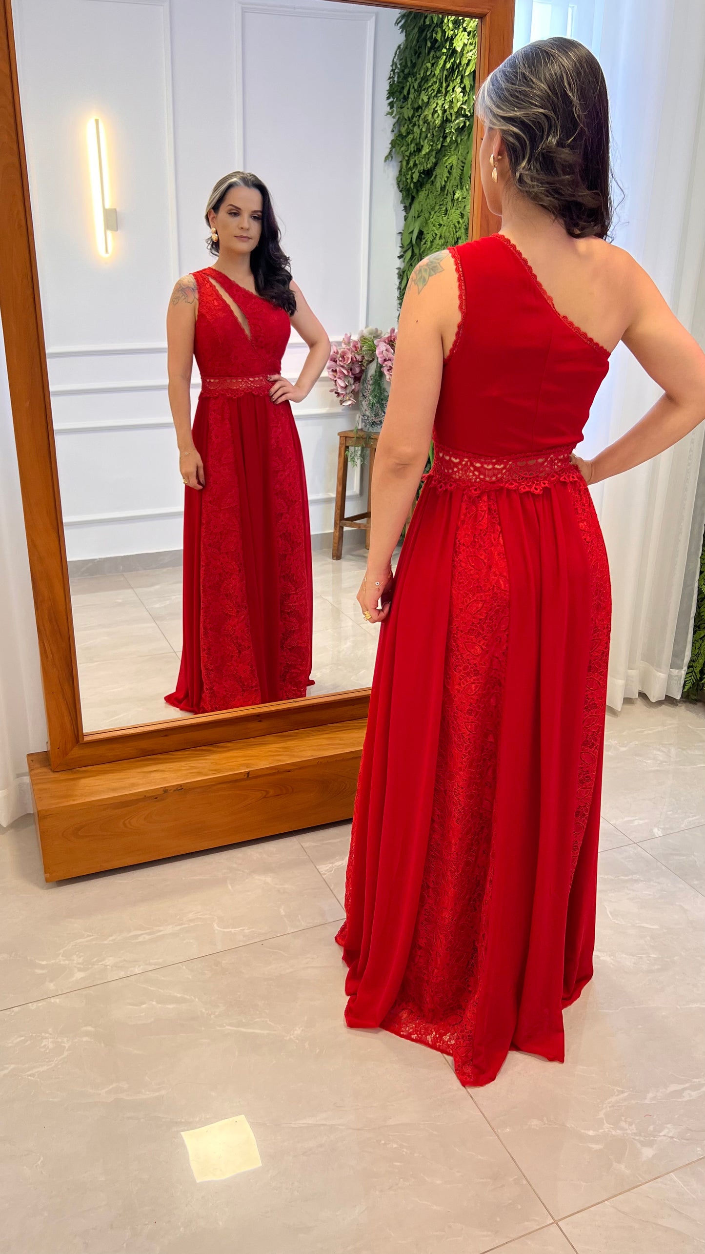 Vestido Longo Renda Musseline - Vermelho 4916