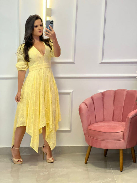 Vestido Midi Lesie Pontas-  Amarelo 3627