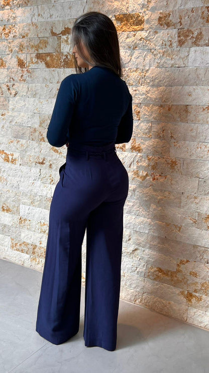 Calça Pantalona Cinto Trança - Azul 5284