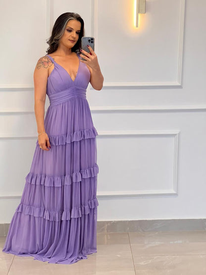 Vestido Longo Alça Fina Babado Tule - Lilas/ Lavanda 4880