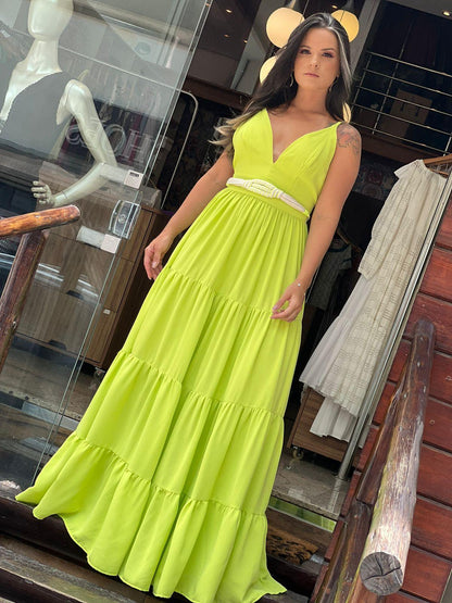 Vestido Longo Alças Finas -  Verde Oliva 3841