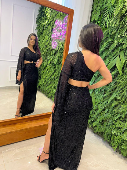 Vestido Longo Paete Nula Manga Fenda - Preto 4259