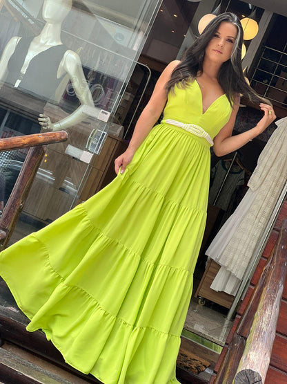 Vestido Longo Alças Finas -  Verde Oliva 3841