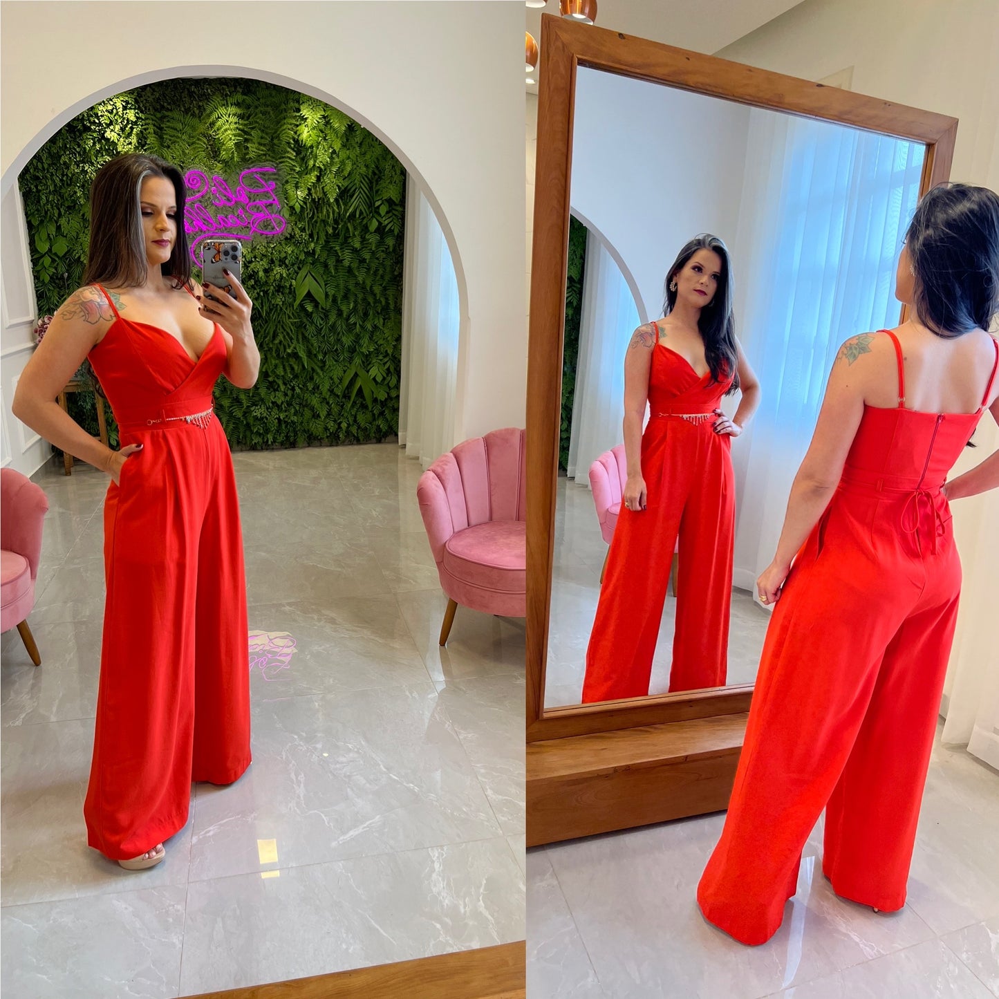 Tailoring Jumpsuit Stone Belt - Red