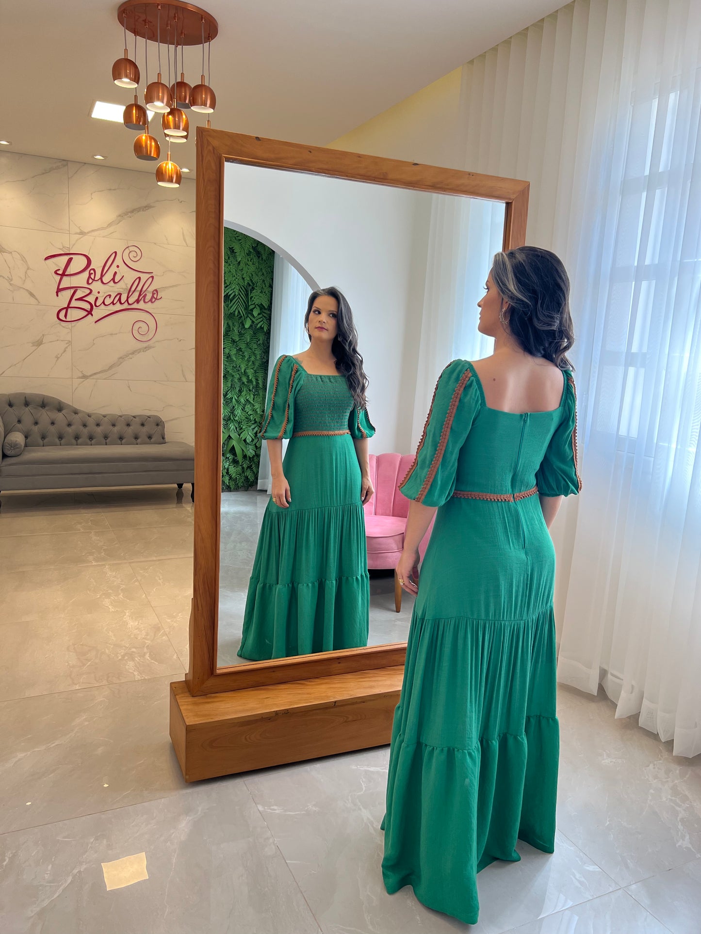 Long Dress Lastex Bust Sleeve Princess - Green