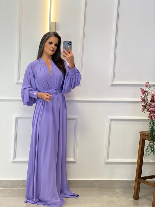 Long Sleeve One Size Long Dress with Buttons - Lavender