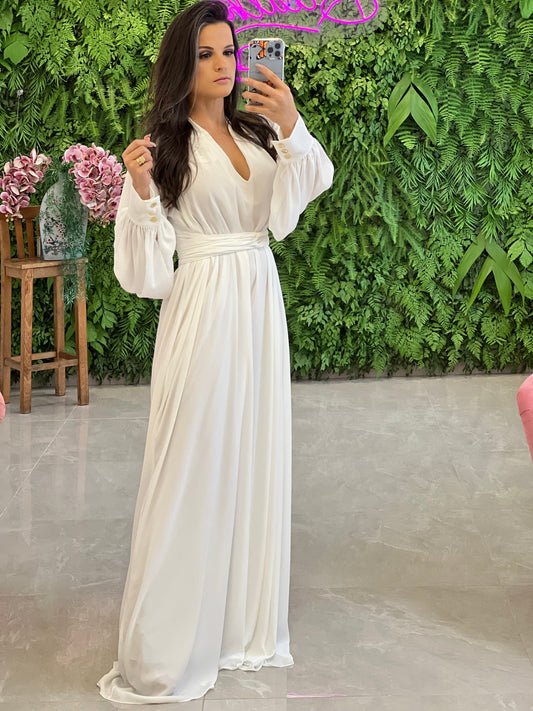 One Size Long Sleeve Long Dress with Buttons - White