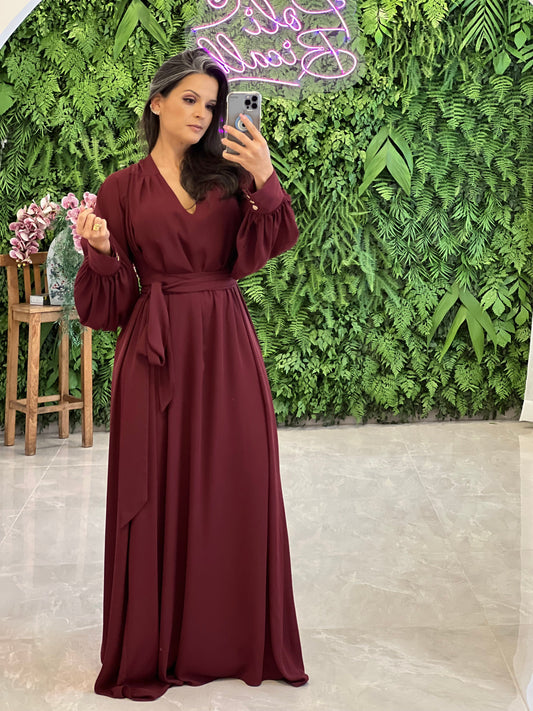 Long Dress One Size Long Sleeve with Buttons - Marsala