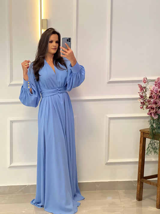 One Size Long Sleeve Long Dress with Buttons - Serenity Blue