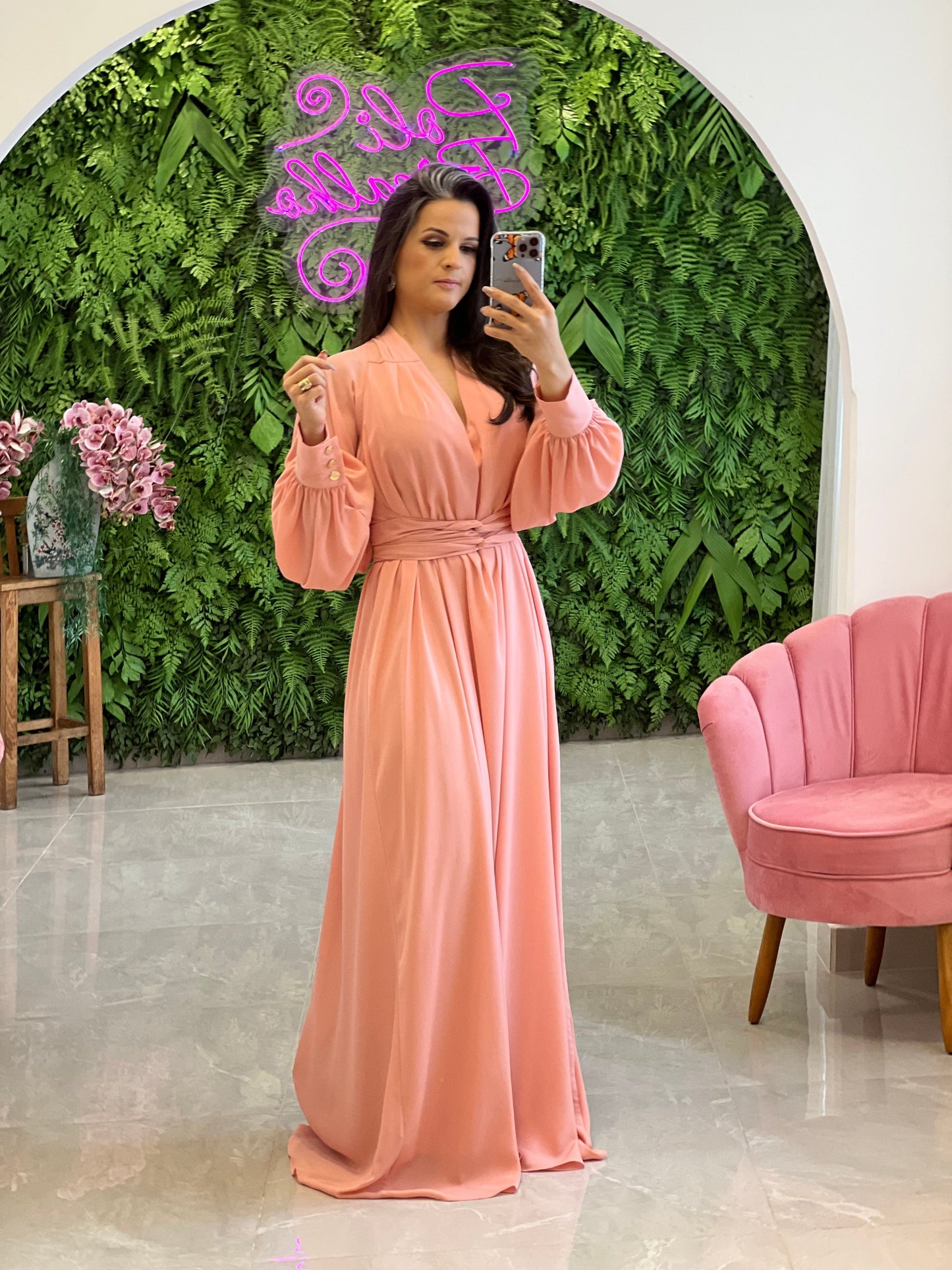 Long Sleeve One Size Long Dress with Buttons - Rosé