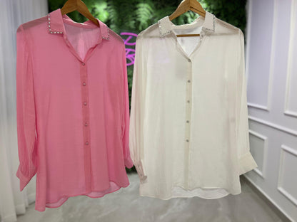 Camisa con cuello bordado - Rosa