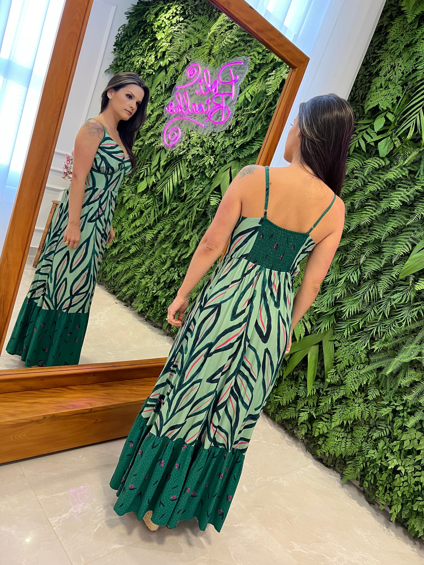 Longuete Dress Foliage Thin Straps - Green