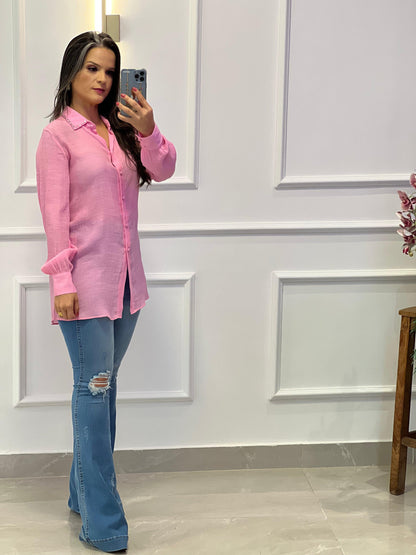 Camisa con cuello bordado - Rosa