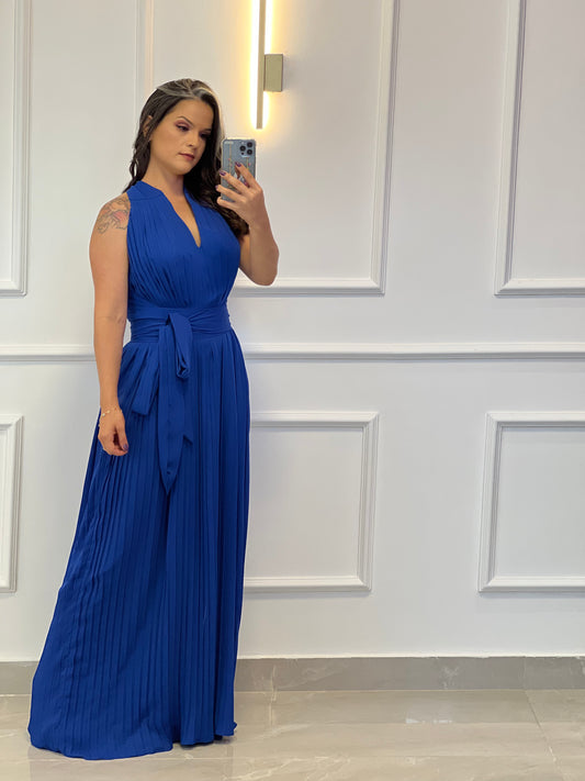 One Size Sleeveless Pleated Long Dress - Royal Blue