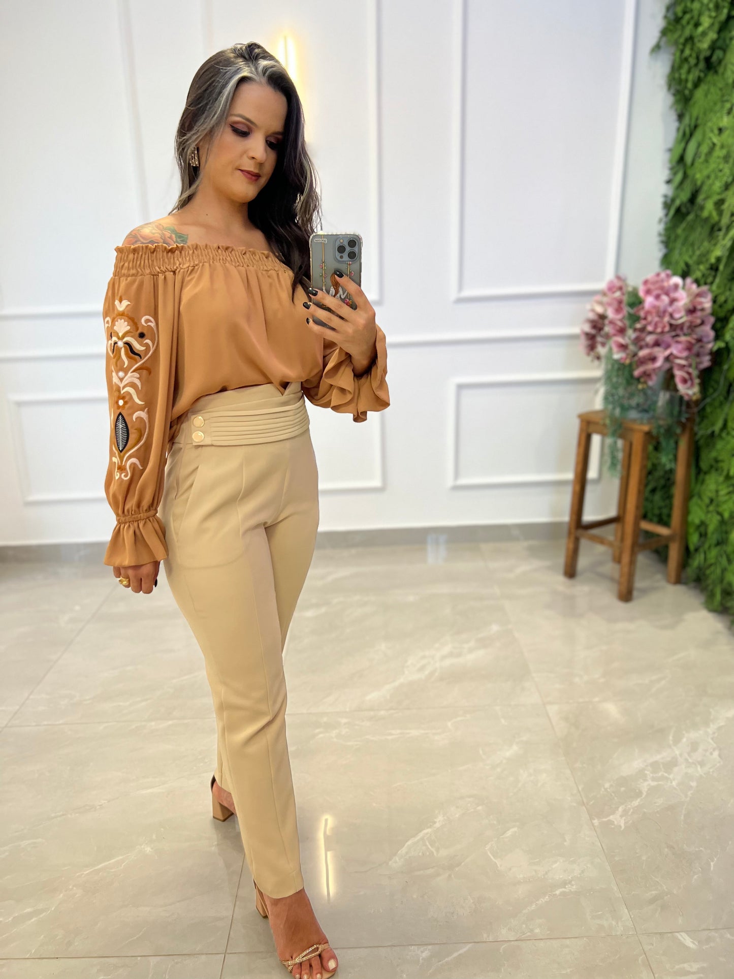 Crepe Pants with Side Buttons - Beige