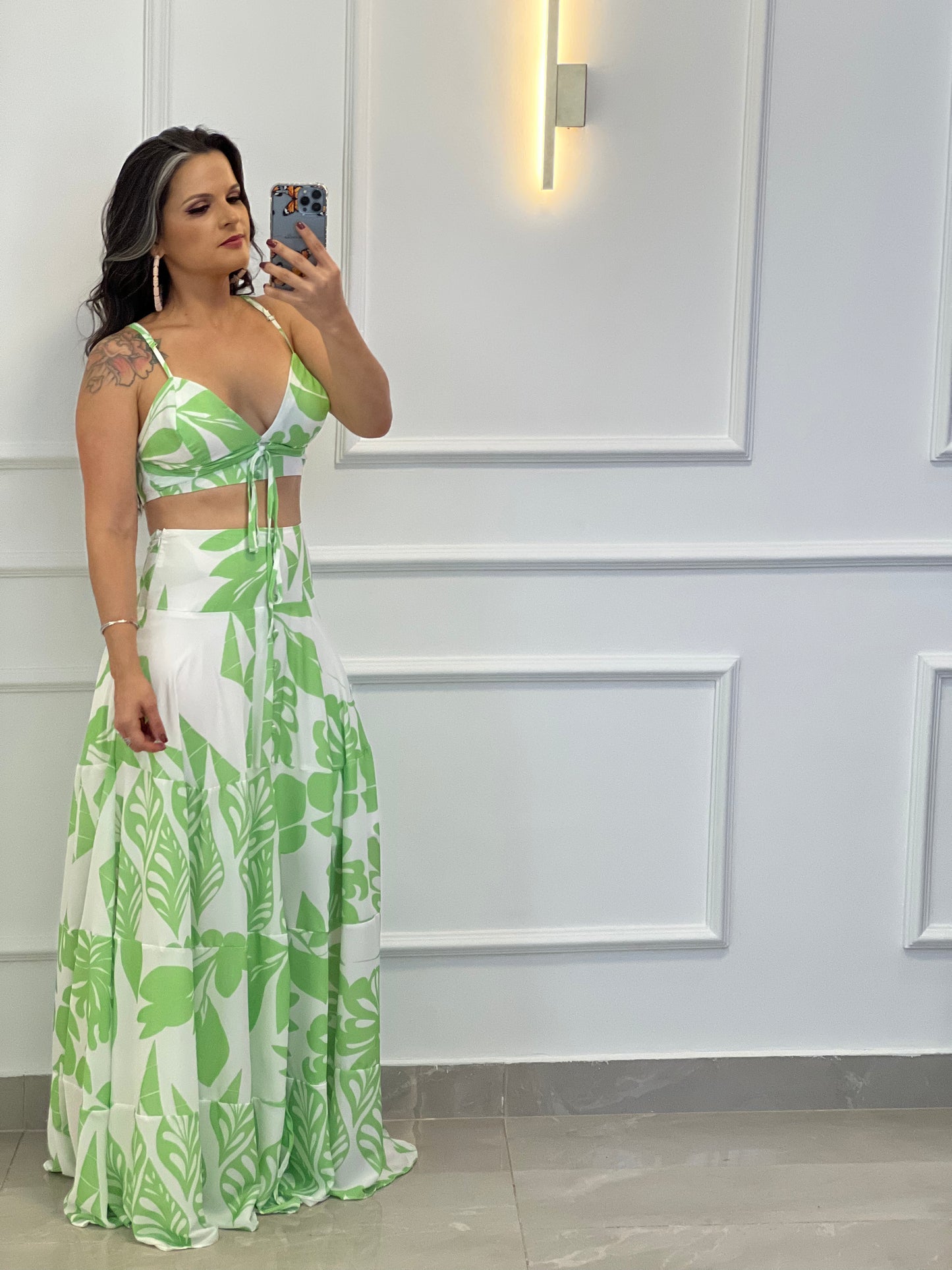 Cropped Set and Floral Skirt - Green