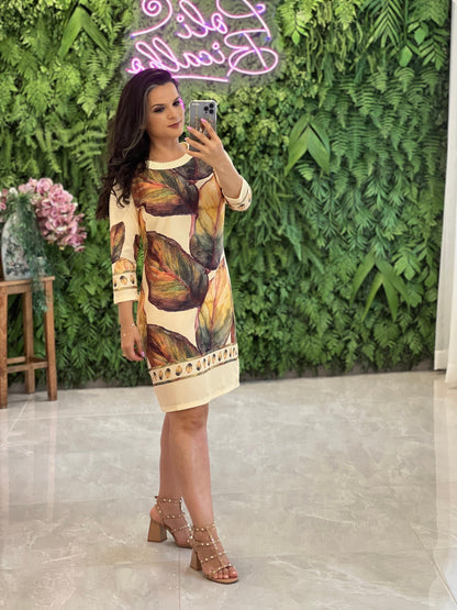 Vestido Curto Costas Canelada Folhas YU - Estampado 4582