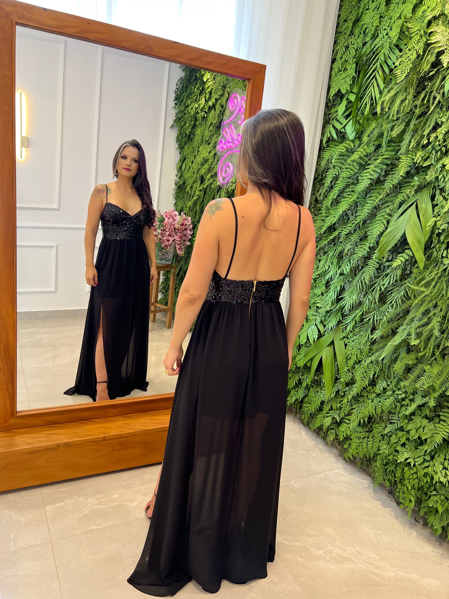 Sequin Bust Long Dress - Black
