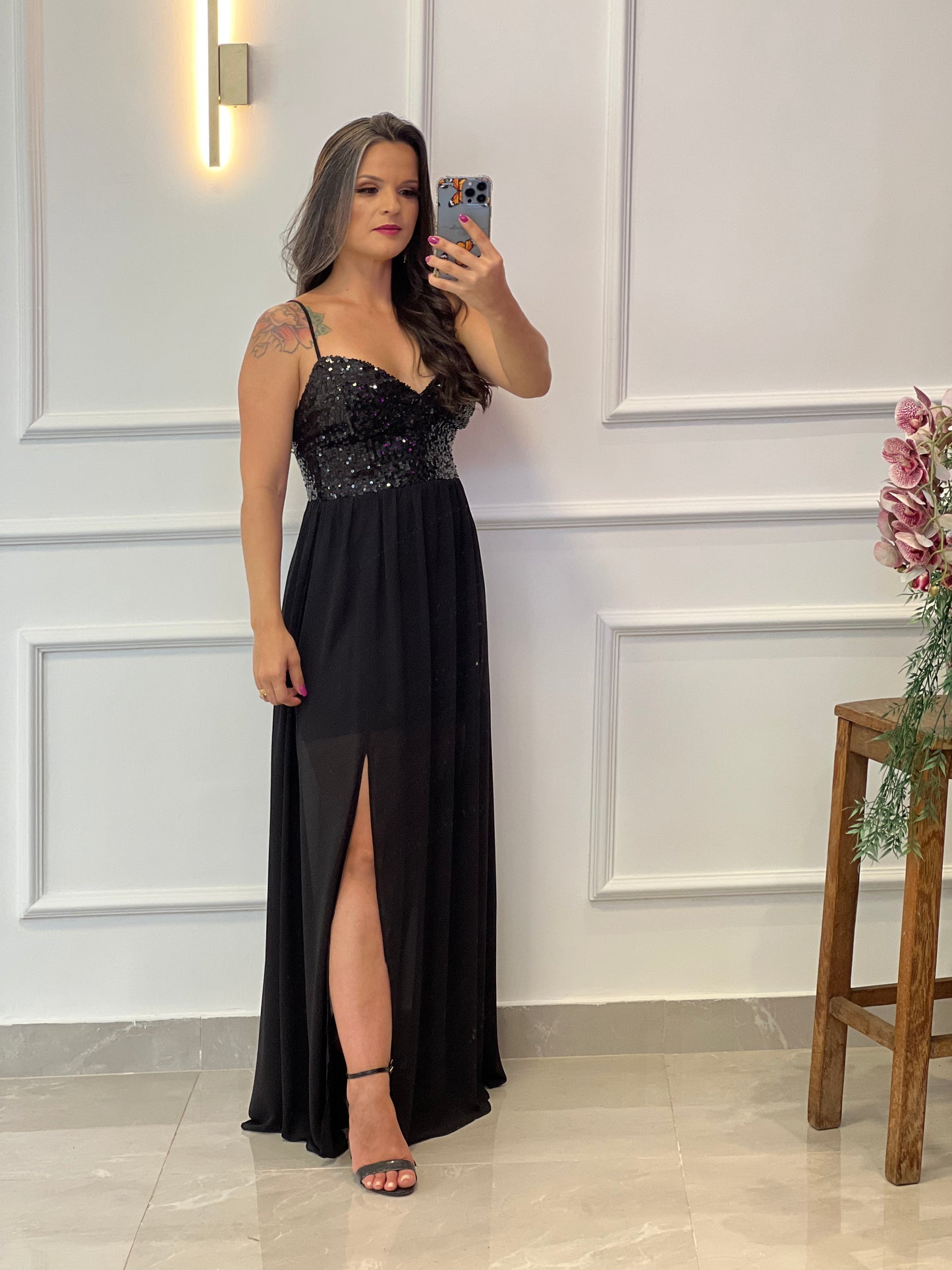 Sequin Bust Long Dress - Black