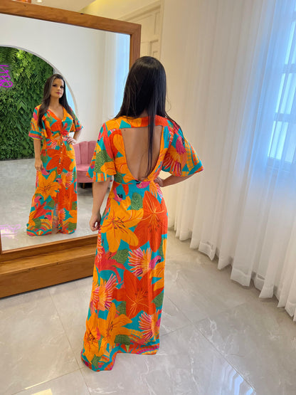 Vestido Longo Amarração Busto-  Laranja 4330