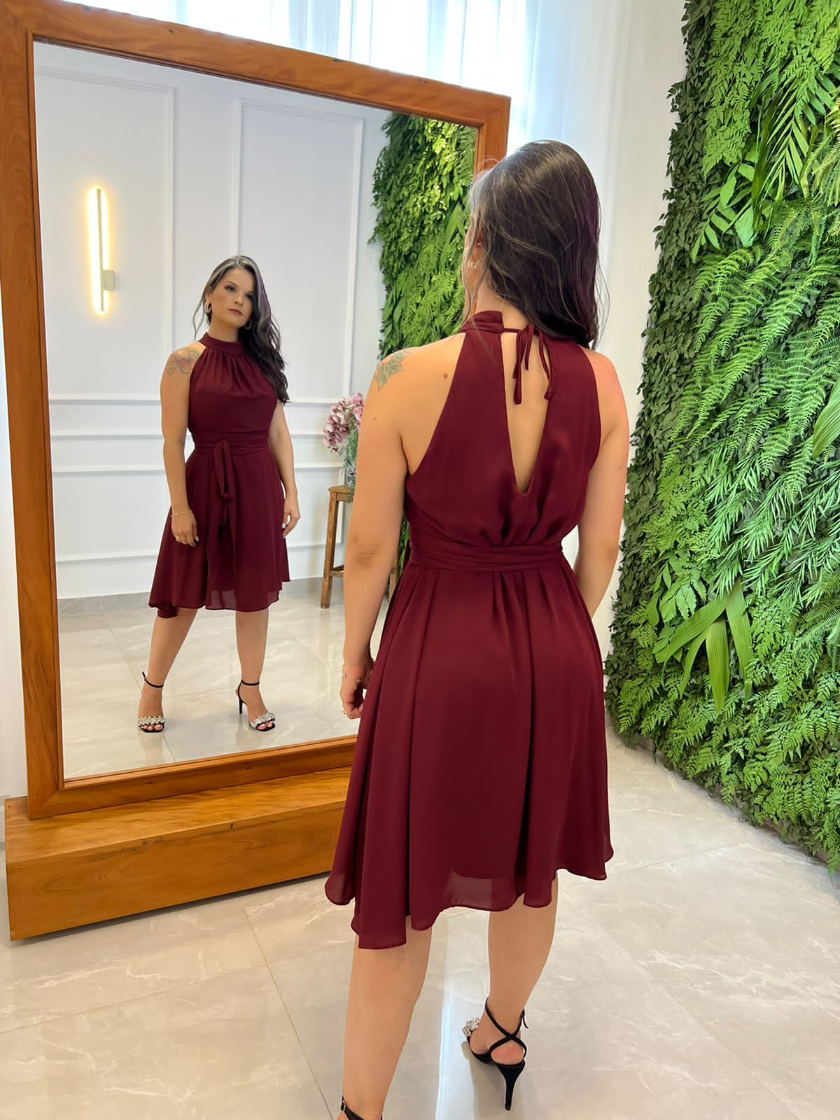 High neck hotsell maroon dress