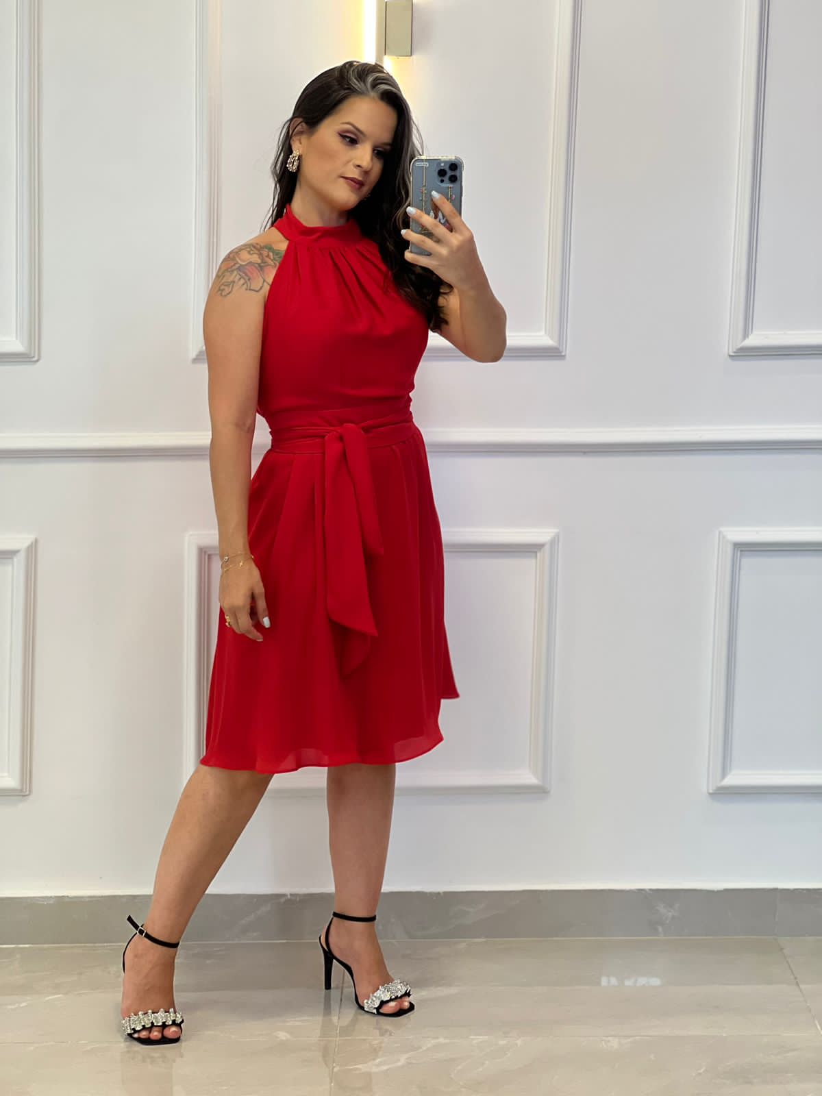 One Size High Collar Midi Dress - Red